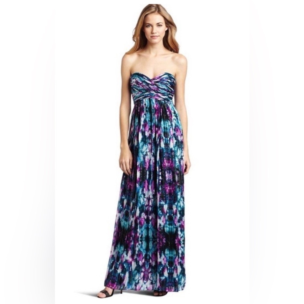 Laundry Shelli Segal Strapless Gown watercolor silk maxi dress Size 4 EUC